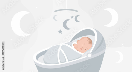 Illustration of a Sleeping Baby in a Crib With Moon and Stars for Newborns