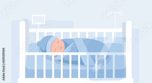 Illustration of a sleeping baby in a crib with medical equipment in blue tones only