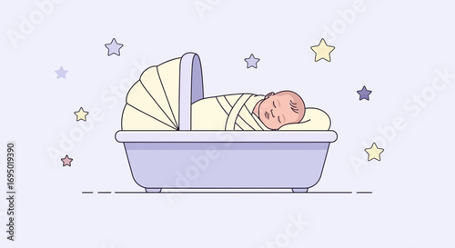 Illustration of a sleeping baby in a crib with stars around a light purple background