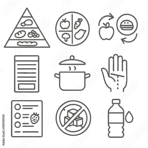 Nutrition Icons Collection. Line style icons of Nutrition Education Materials: food pyramid, MyPlate graphic, healthy swaps arrows