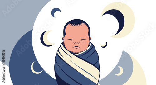 Illustration of a Sleeping Baby Swaddled in a Blanket Surrounded by Crescent Moons