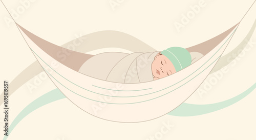 Illustration of a Sleeping Baby Swaddled in a Hammock in a Serene and Peaceful Setting