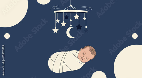 Illustration of a sleeping baby under a starry mobile, representing peace and rest