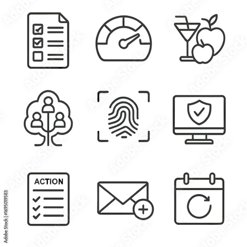 Health Assessment Icons. Line style icons of Health Risk Assessments: questionnaire form, risk gauge, lifestyle icon set, family