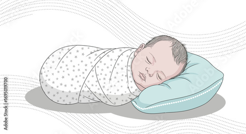 Illustration of a sleeping baby wrapped in a blanket on a pillow vector art