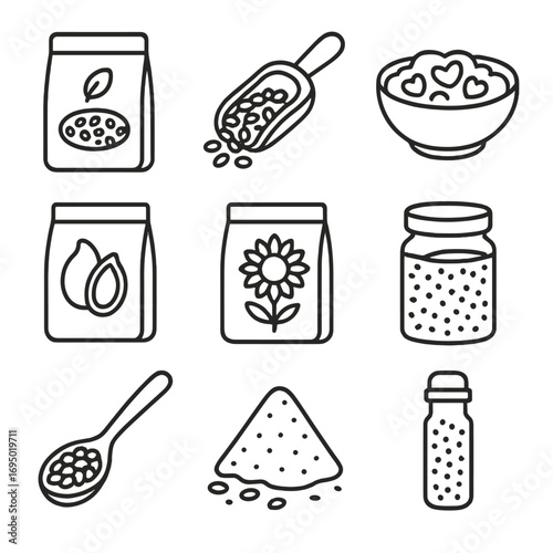 Energy Seed Icons. Outline style icon of Energy Seed Staples: chia seed pouch, flaxseed scoop, hemp heart bowl, pumpkin seed pack,
