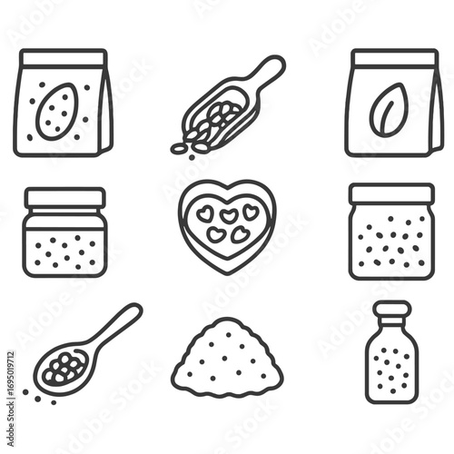 Energy Seed Icons. Outline style icon of Energy Seed Staples: chia seed pouch, flaxseed scoop, hemp heart bowl, pumpkin seed pack,