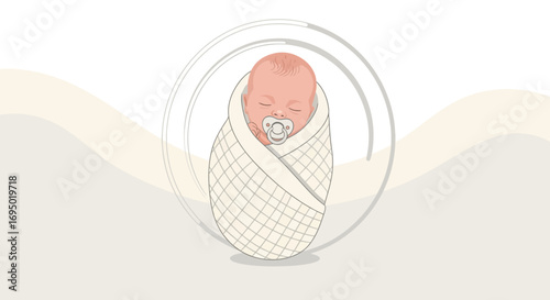 Illustration of a sleeping baby wrapped in a blanket with a pacifier in its mouth