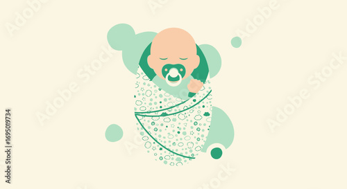 Illustration of a sleeping baby wrapped in a blanket with a pacifier inside