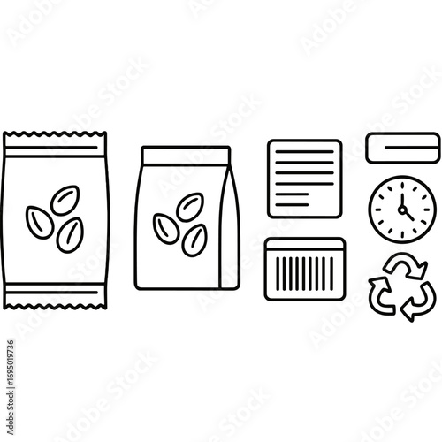 Outline Seed Packaging Icons. Outline style icon of Retail Seed Packaging: foil packet, kraft seed bag, plastic tub, nutrition