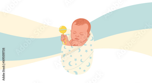 Illustration of a sleeping baby wrapped in a blanket with a rattle in hand