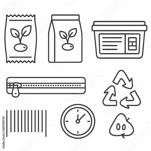 Outline Seed Packaging Icons. Outline style icon of Retail Seed Packaging: foil packet, kraft seed bag, plastic tub, nutrition