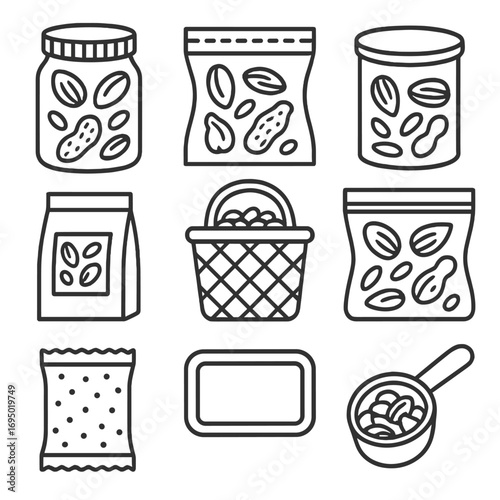 Nut & Seed Storage Icons. Outline style icon of Nut & Seed Storage: glass jar, vacuum bag, metal tin, paper pouch, pantry basket,