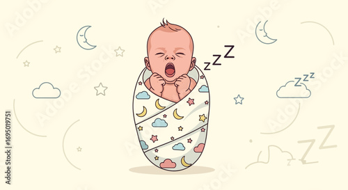 Illustration of a sleeping baby wrapped in a blanket with moons, clouds, and stars