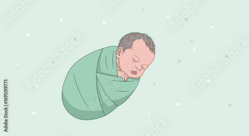 Illustration of a sleeping baby wrapped in a green blanket, with stars in the background