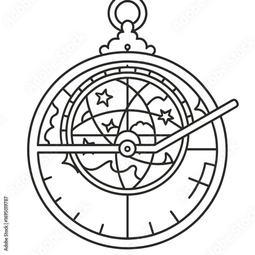 Astrolabe Parts Outline. Outline style icon of Astrolabe Parts: mater plate, rete star map, rule pointer, alidade sight, altitude