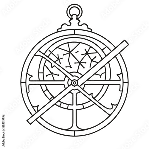 Astrolabe Parts Outline. Outline style icon of Astrolabe Parts: mater plate, rete star map, rule pointer, alidade sight, altitude