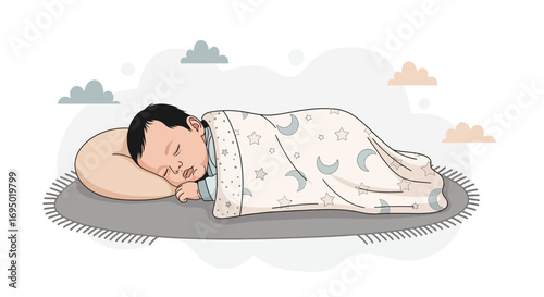 Illustration of a sleeping newborn baby in a cozy and comforting environment peacefully relaxing