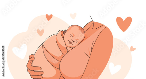Illustration of a mother holding her baby with hearts, love family concept