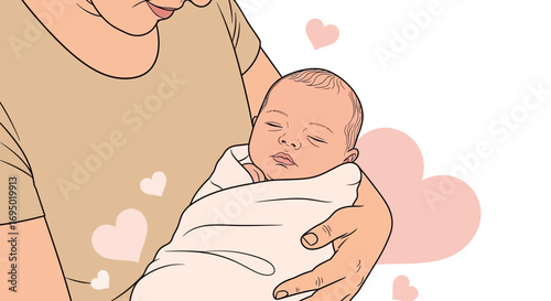 Illustration Of A Mother Holding Her Sleeping Baby Surrounded By Romantic Hearts
