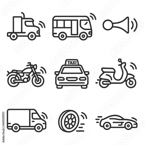 Traffic Noise Icons. Outline style icon of Transportation Traffic Noise: diesel semi-truck, urban bus engine, car horn, motorcycle