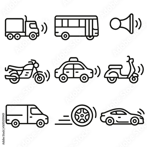 Traffic Noise Icons. Outline style icon of Transportation Traffic Noise: diesel semi-truck, urban bus engine, car horn, motorcycle