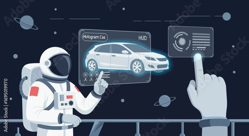 Astronaut Interacting with Holographic Car Interface in Space Exploring Future Vehicle Technology