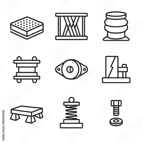 Vibration Isolation Hardware. Outline style icon of Vibration Isolation Hardware: elastomer pad, wire rope isolator, air spring