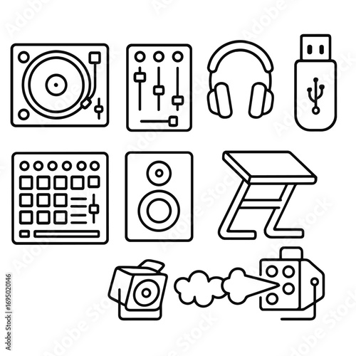 Outline DJ Booth Icon. Outline style icon of DJ Booth Equipment: turntable platter, mixer fader, cue headphone, USB stick, beat