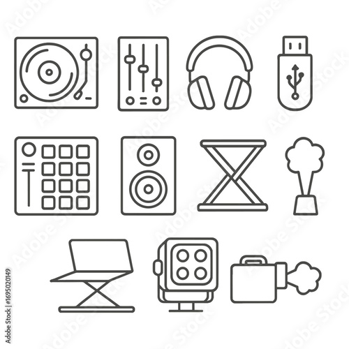 Outline DJ Booth Icon. Outline style icon of DJ Booth Equipment: turntable platter, mixer fader, cue headphone, USB stick, beat