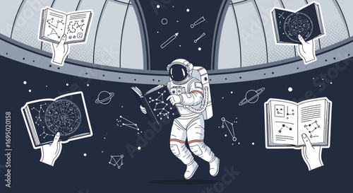 Astronaut reading a book about constellations inside an astronomical observatory space exploration