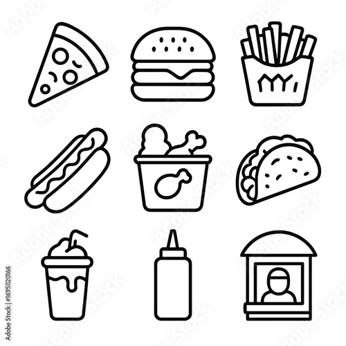 Late-Night Fast Food Icons. Outline style icon of Late-Night Fast Food: slice pizza, burger stack, loaded fries, hot dog, fried