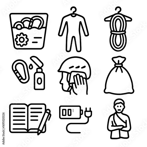 Post-Trip Cleanup. Outline style icon of Post-Trip Cleanup: gear rinse tub, wetsuit wash, rope flake dry, carabiner lube, helmet