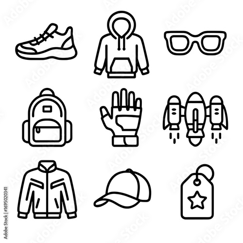 Wearable NFT Icons. Outline style icon of Wearable NFT Fashion: sneaker drop, hoodie hoodie, sunglasses, backpack, VR glove,