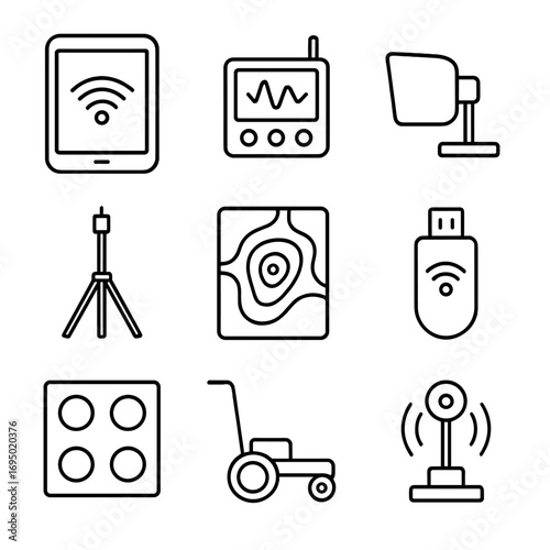Wireless Survey Equipment Icons. Outline style icon of Wireless Site Survey Gear: Wi-Fi scanner tablet, spectrum analyzer,