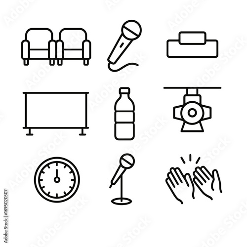 Panel Discussion Icon. Outline style icon of Panel Discussion Stage: armchair pair, moderator mic, panelist name card, backdrop