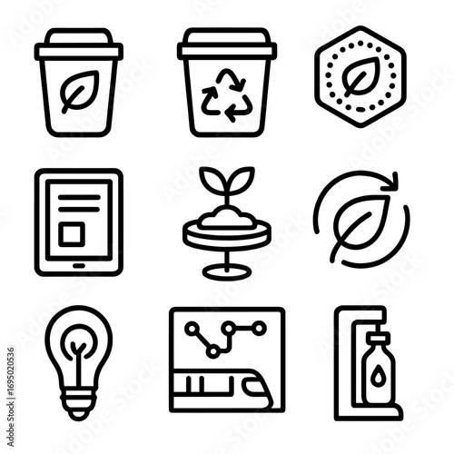 Sustainable Event Icons. Outline style icon of Sustainable Event Practices: reusable cup, recycling bin, biodegradable badge,