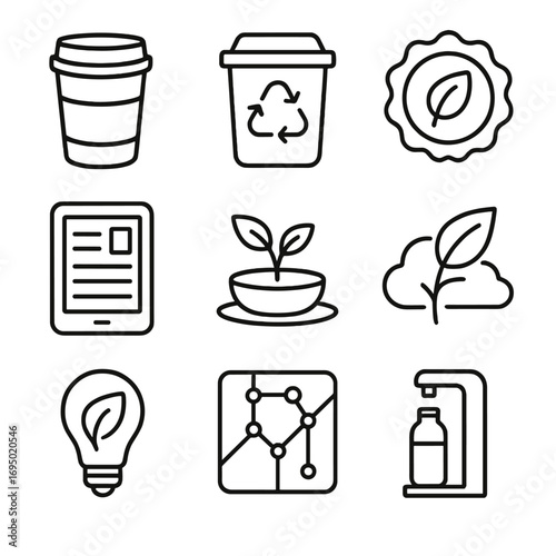 Sustainable Event Icons. Outline style icon of Sustainable Event Practices: reusable cup, recycling bin, biodegradable badge,