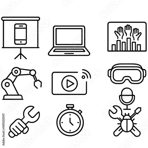 Tech Demo Icons. Outline style icon of Tech Demo Stage: product screen, demo laptop, VR headset, robotic arm, applause meter,