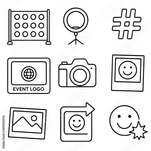Networking Photo Ops. Outline style icon of Networking Photo Ops: step-and-repeat wall, selfie ring light, hashtag prop, branded