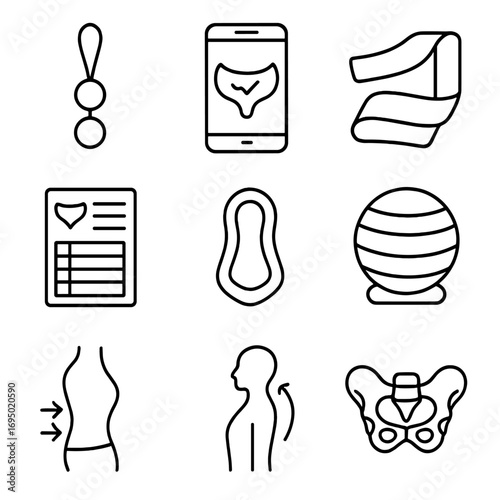 Pelvic Floor Health Icons. Outline style icon of Pelvic Floor Health: Kegel ball set, pelvic trainer app, physio band, bladder