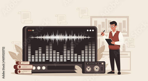 Audio Engineer Analyzing Sound Waves on a Computer Display in Professional Studio