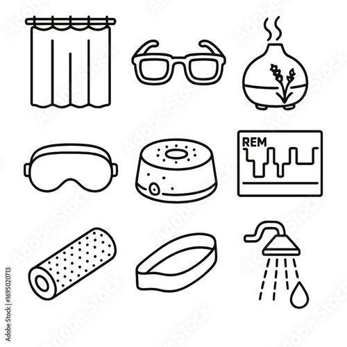 Sleep and Recovery Icons. Outline style icon of Sleep & Recovery: blackout curtain, blue-light glasses, lavender diffuser, sleep