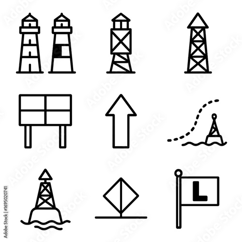 Harbor Aids Outline Icons. Outline style icon of Harbor Approach Aids: leading lights pair, sectored light range, day beacon tower
