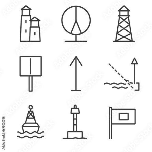 Harbor Aids Outline Icons. Outline style icon of Harbor Approach Aids: leading lights pair, sectored light range, day beacon tower