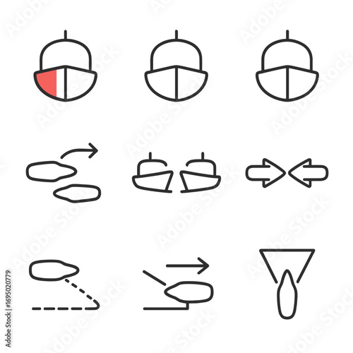 Nautical Light Symbols. Outline style icon of COLREGS Rule Symbols: port light red, starboard light green, stern light white,