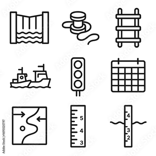 Canal Transit Aids Icons. Outline style icon of Canal Transit Aids: lock chamber icon, bollard post, mooring line, pilot ladder,