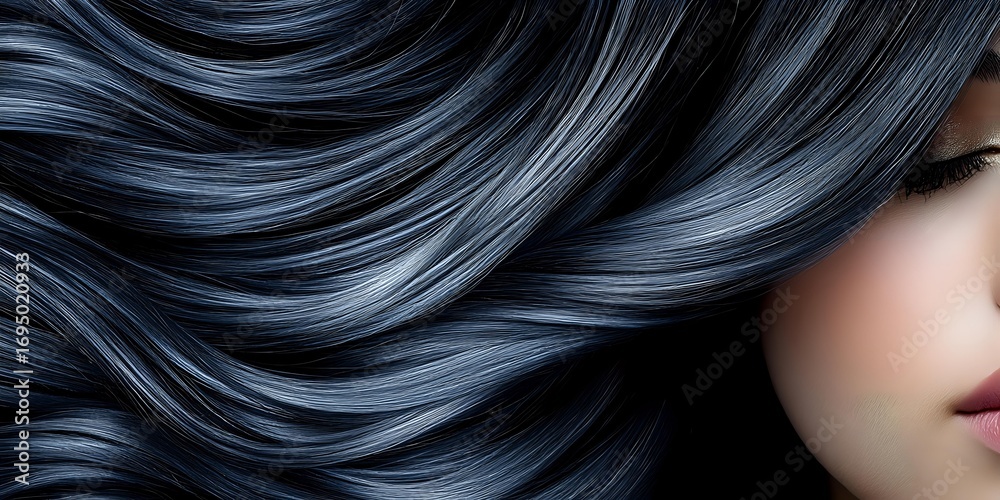 Naklejka premium Close up view of flowing dark blue hair with soft waves and glossy shine against black background, partial view of feminine face with natural makeup.