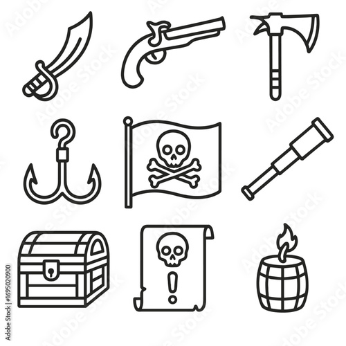Pirate Gear Icons. Outline style icon of Pirate Skirmish Gear: cutlass slash, flintlock pistol, boarding axe, grapnel hook, black