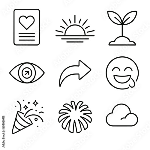 Positive Mindset Icons. Outline style icon of Positive Mindset Boosters: affirmation card, optimistic sunrise, growth mindset